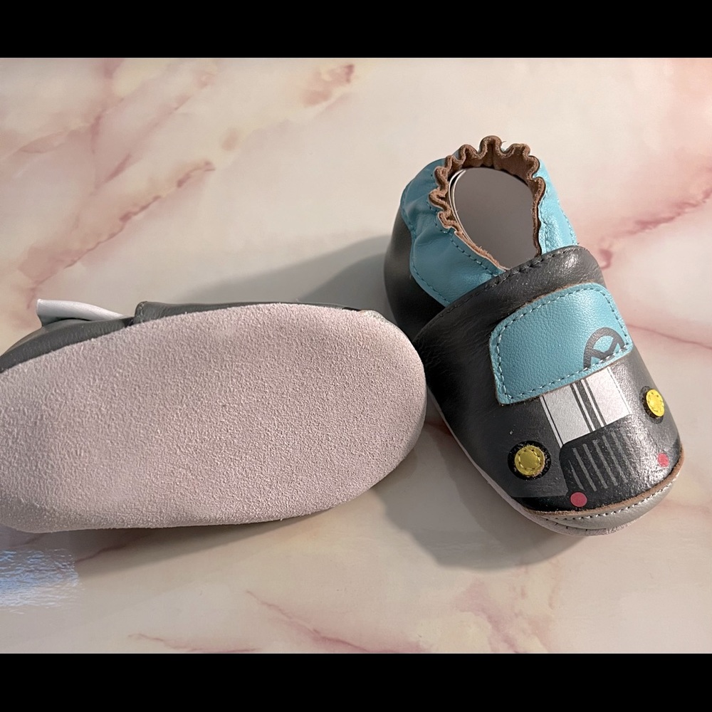 Baby soft sole shoes, grey and blue, size 6-12 months, car design, like new